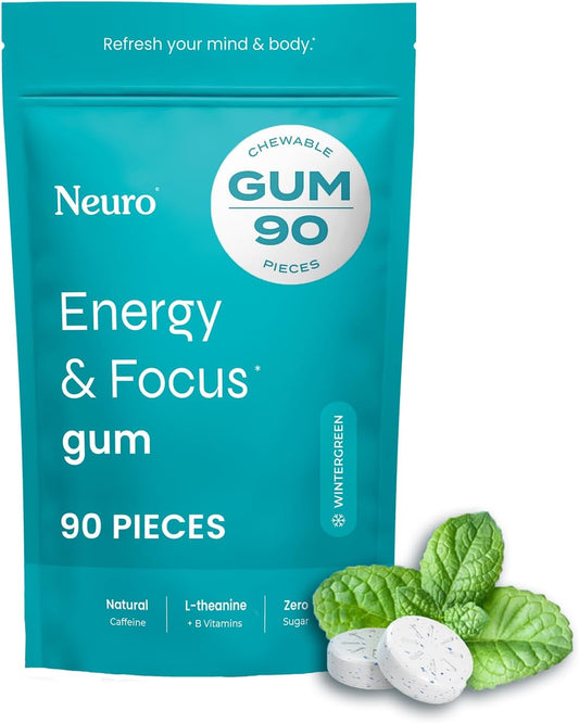 Neuro Energy & Focus Gum - 40Mg Natural Caffeine Gum & Nootropic Energy Supplement with L-Theanine & B Vitamins - Sugar Free, Vegan - Wintergreen, 90Ct