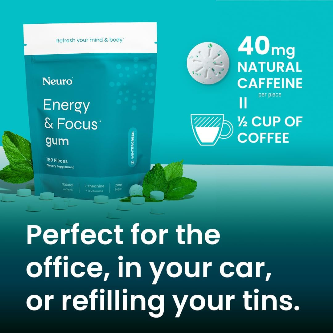 Neuro Energy & Focus Gum - 40Mg Natural Caffeine Gum & Nootropic Energy Supplement with L-Theanine & B Vitamins - Sugar Free, Vegan - Wintergreen, 90Ct